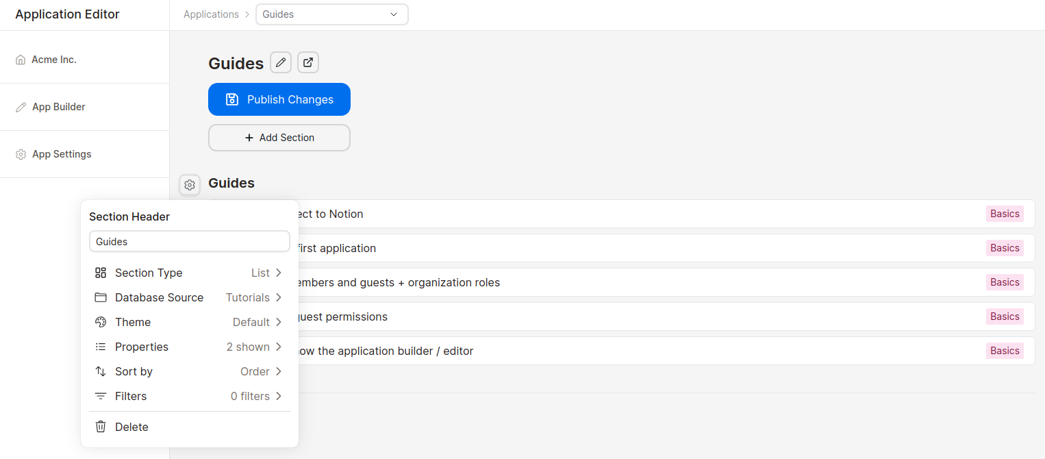 Stackoia application builder section settings dropdown